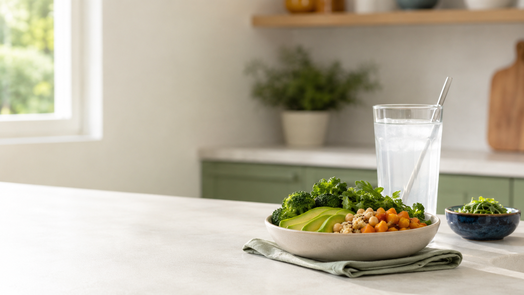 Vegetables and a fiber drink on a bright counter