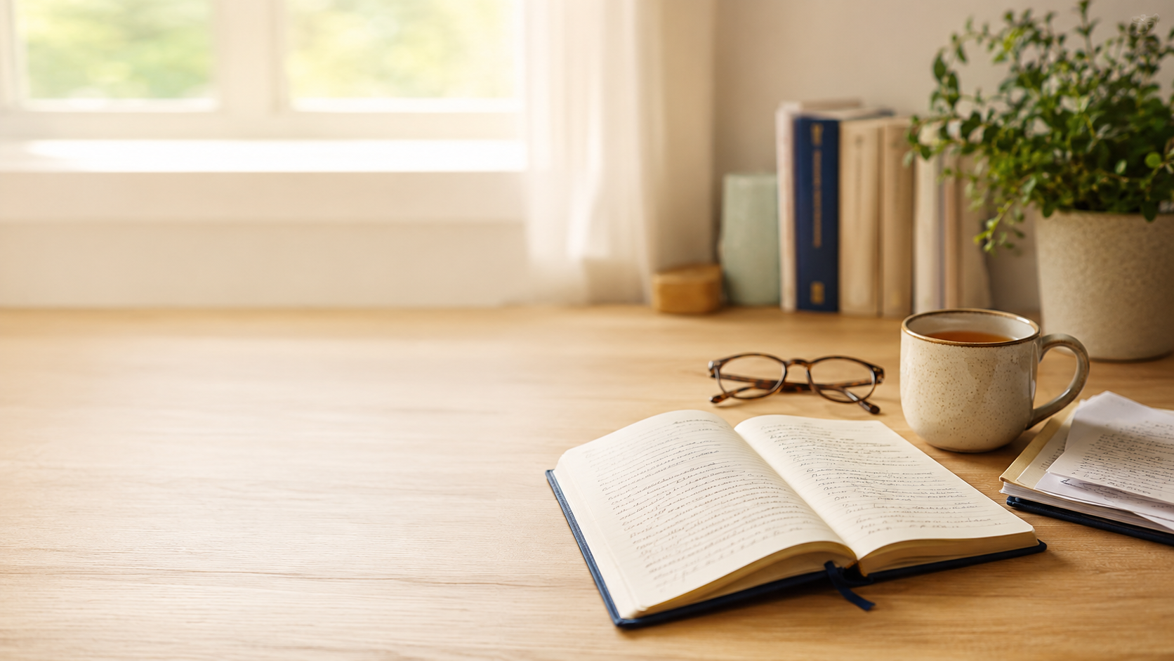 Research notebook and glasses on a sunlit desk