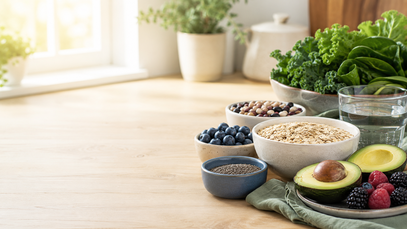 Bowls of oats, berries, chia, and greens on a sunlit counter